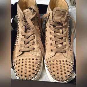 🔥New Christian Louboutin men 10.5  Brown Gold Studded High-Top Sneakers